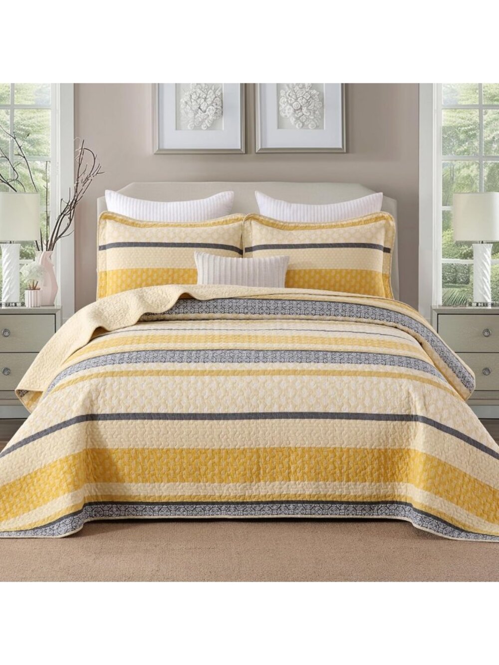 Lightweight Queen Quilt Bedding Set - Yellow Black Grey Striped Comforter, 3